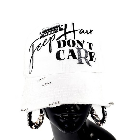 Jeep Hair Don't Care White Distressed Cap with Swarovski Crystals. - Picture 8 of 11